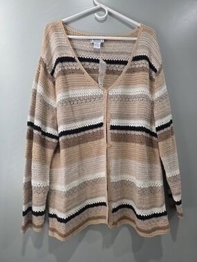 Crochet Stripe Button-Front Sweater Cardigan - Beige Multi